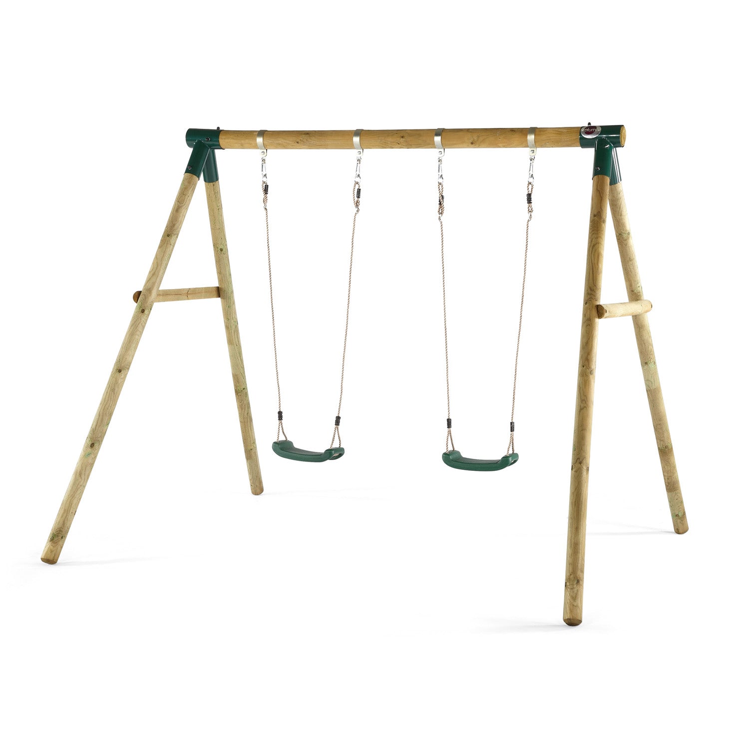 Left angle front view of Plum Play's Marmoset Wooden Double Swing Set