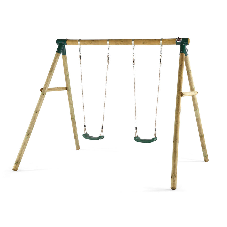 Left angle front view of Plum Play's Marmoset Wooden Double Swing Set