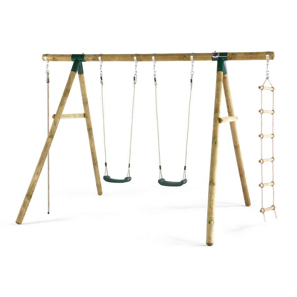 Left angle front view of Plum Play's Gibbon Wooden Swing Set