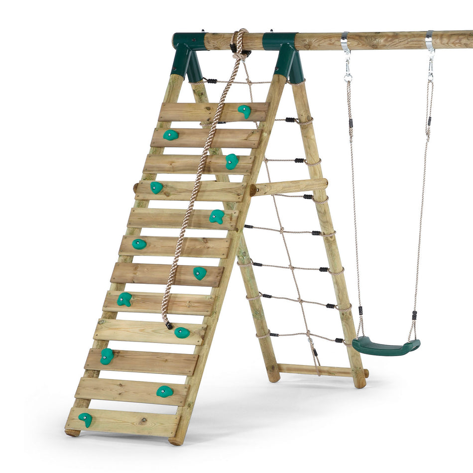 Rock wall and cargo net in Plum Play's Woolly Monkey II Wooden Swing Set
