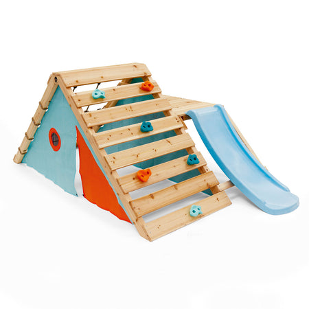 Right angle view of Plum Play's My First Wooden Playcentre Climbing Frame with blue slide and colorful rock wall