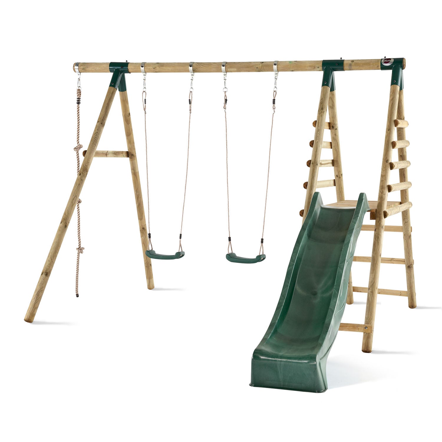 Front left angle view of Plum Play's Giant Baboon Wooden Swing Set