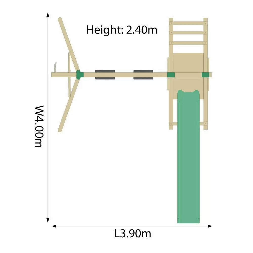illustration with dimensions of Plum Play's Giant Baboon Wooden Swing Set