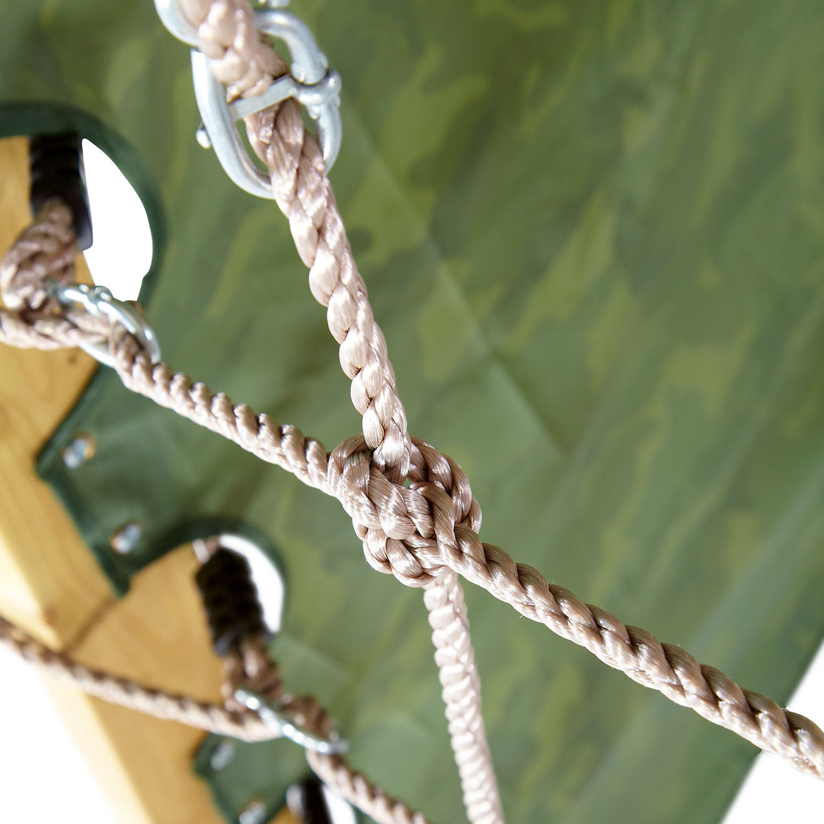 Close-up photo of ropes in cargo net of Plum Play's Climbing Pyramid Wooden Climbing Frame