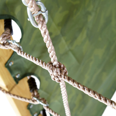 Close-up photo of ropes in cargo net of Plum Play's Climbing Pyramid Wooden Climbing Frame