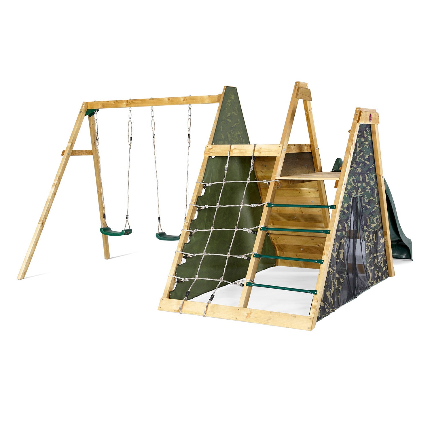 Back view of Plum Play's Climbing Pyramid Wooden Climbing Frame with Swings