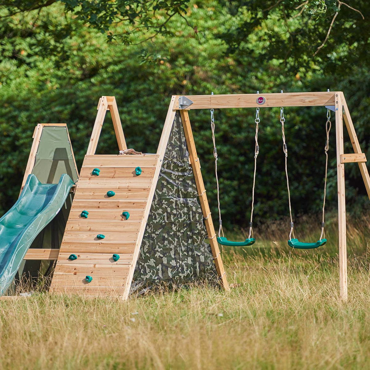 Plum Play's Climbing Pyramid Wooden Climbing Frame with Swings in a lawn