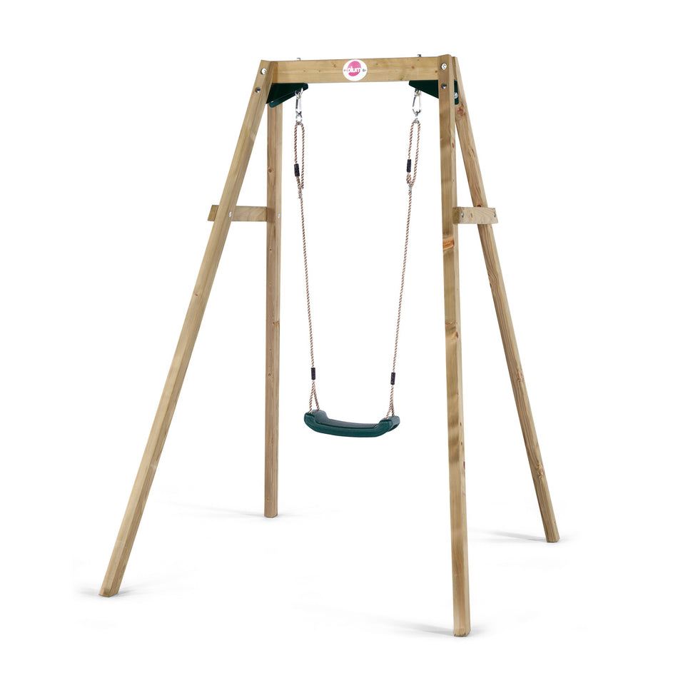 Left angle view of Plum Play's Wooden Single Swing Set