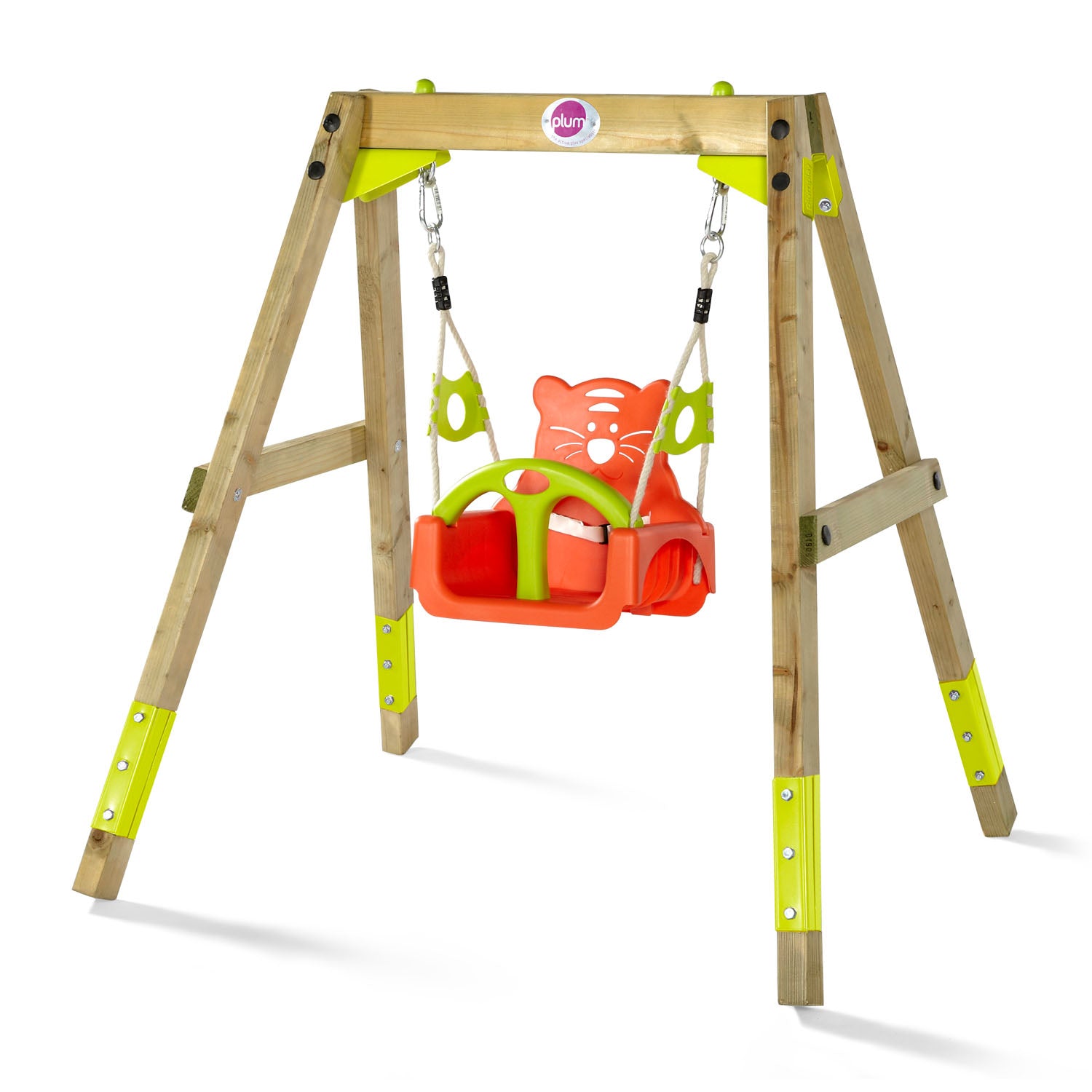 Baby seat mode in lowest height in Plum Play's 3-in-1 Wooden Growing Swing Set