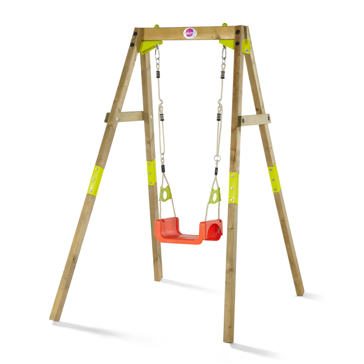 Swing mode in full height with back seat rest removed in Plum Play's 3-in-1 Wooden Growing Swing Set