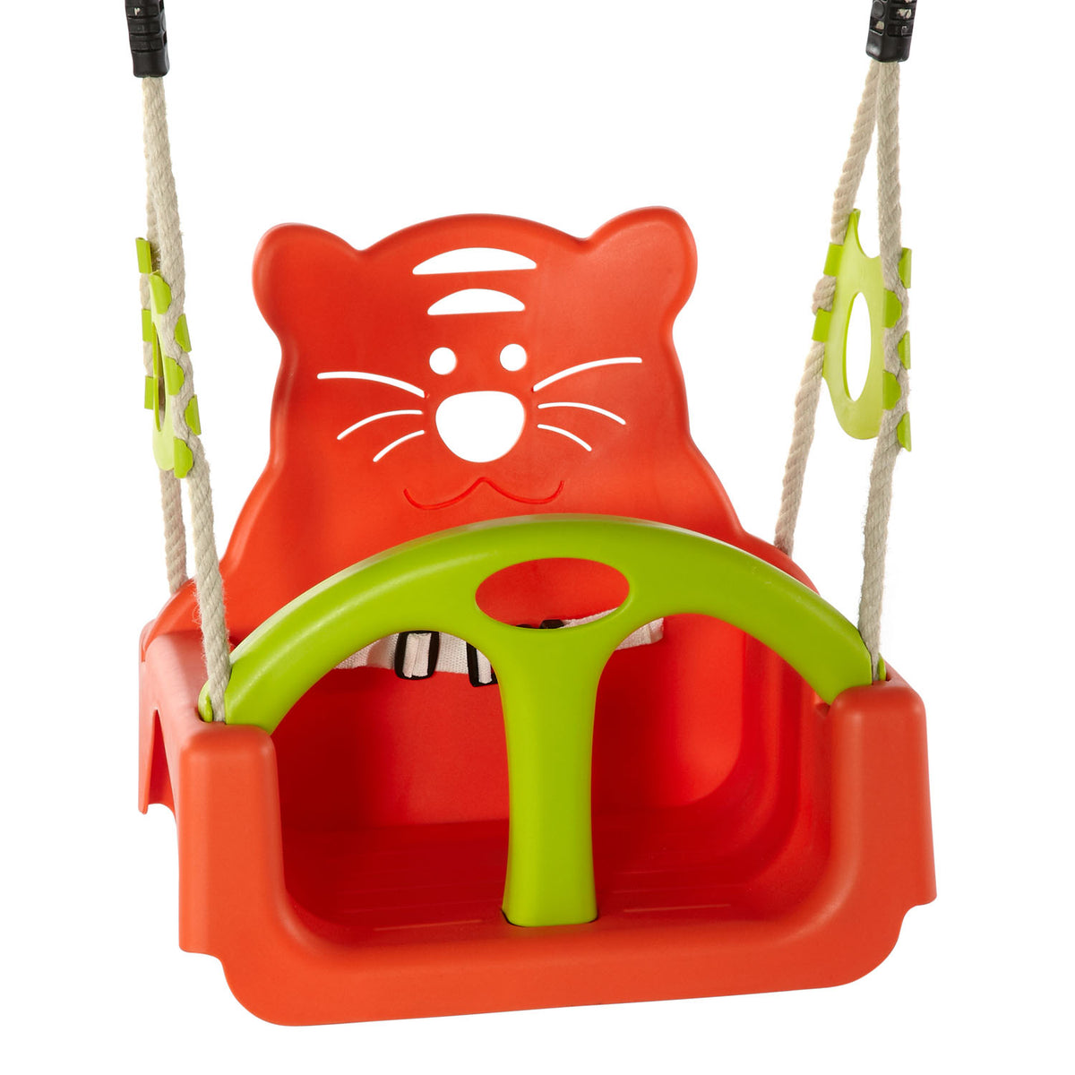 Animal themed seat with t-bar front section and back rest of Plum Play's 3-in-1 Wooden Growing Swing Set