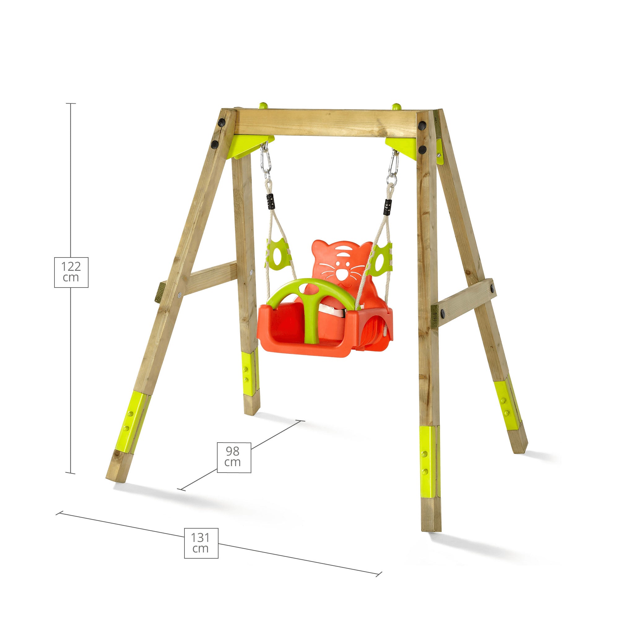 Dimensions in baby seat mode of Plum Play's 3-in-1 Wooden Growing Swing Set