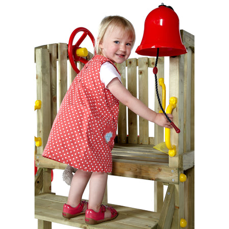 A toddler climbing the wooden platform of Plum Play's Toddlers Tower Wooden Climbing Frame