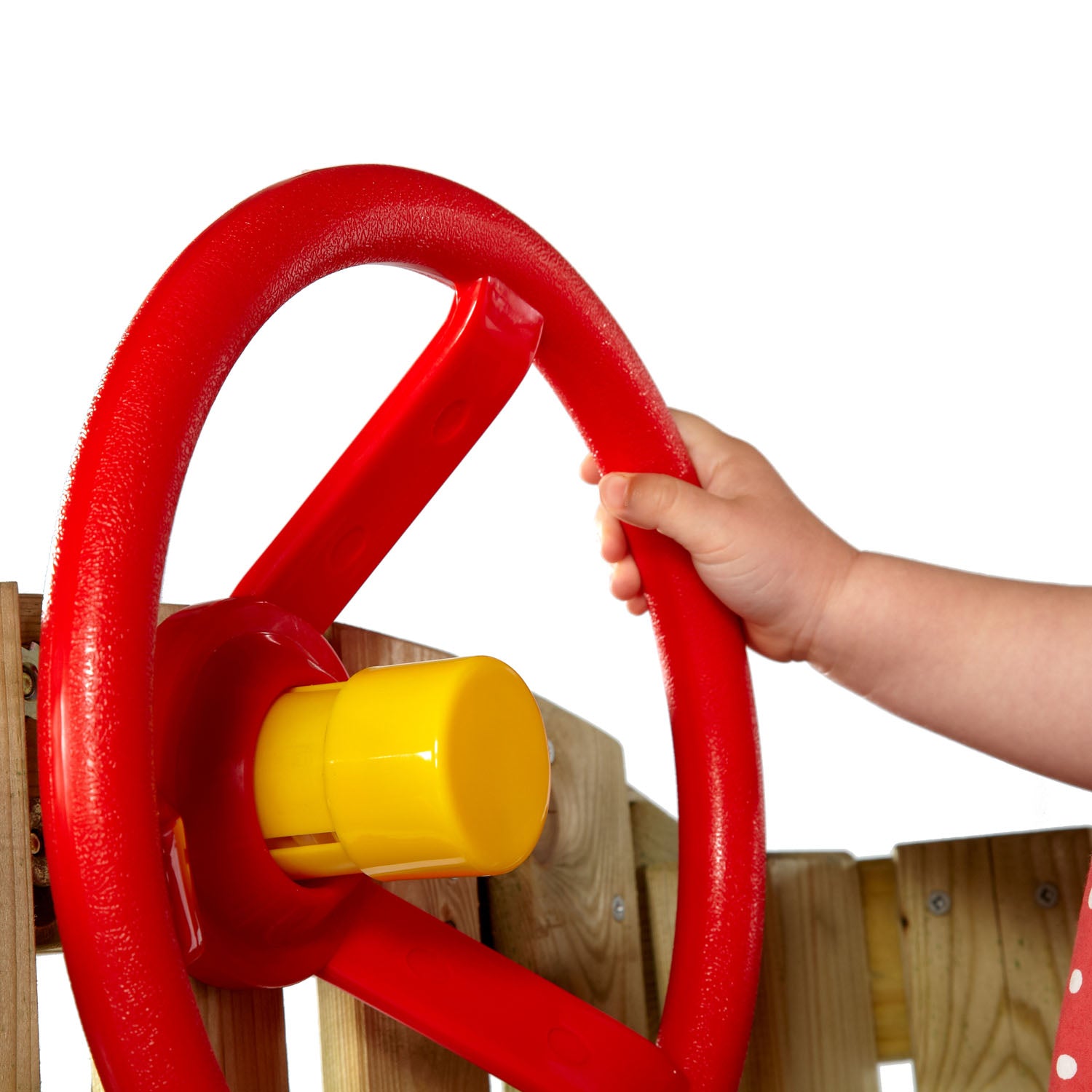 Close-up of the colorful steering wheel accessory in Plum Play's Toddlers Tower Wooden Climbing Frame