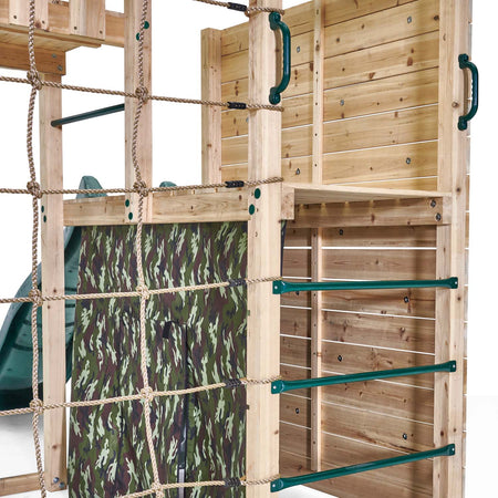 Back ladder and cargo net in Plum Play's Wooden Climbing Cube XL