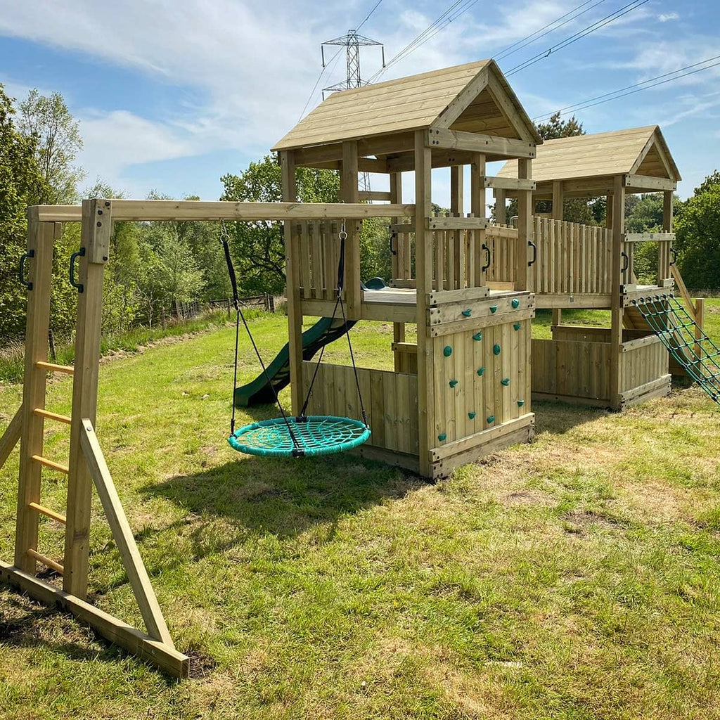 Customisable Wooden Climbing Frame with monkey bars, swings, slides, climbing wall, called Base Explorer Duo