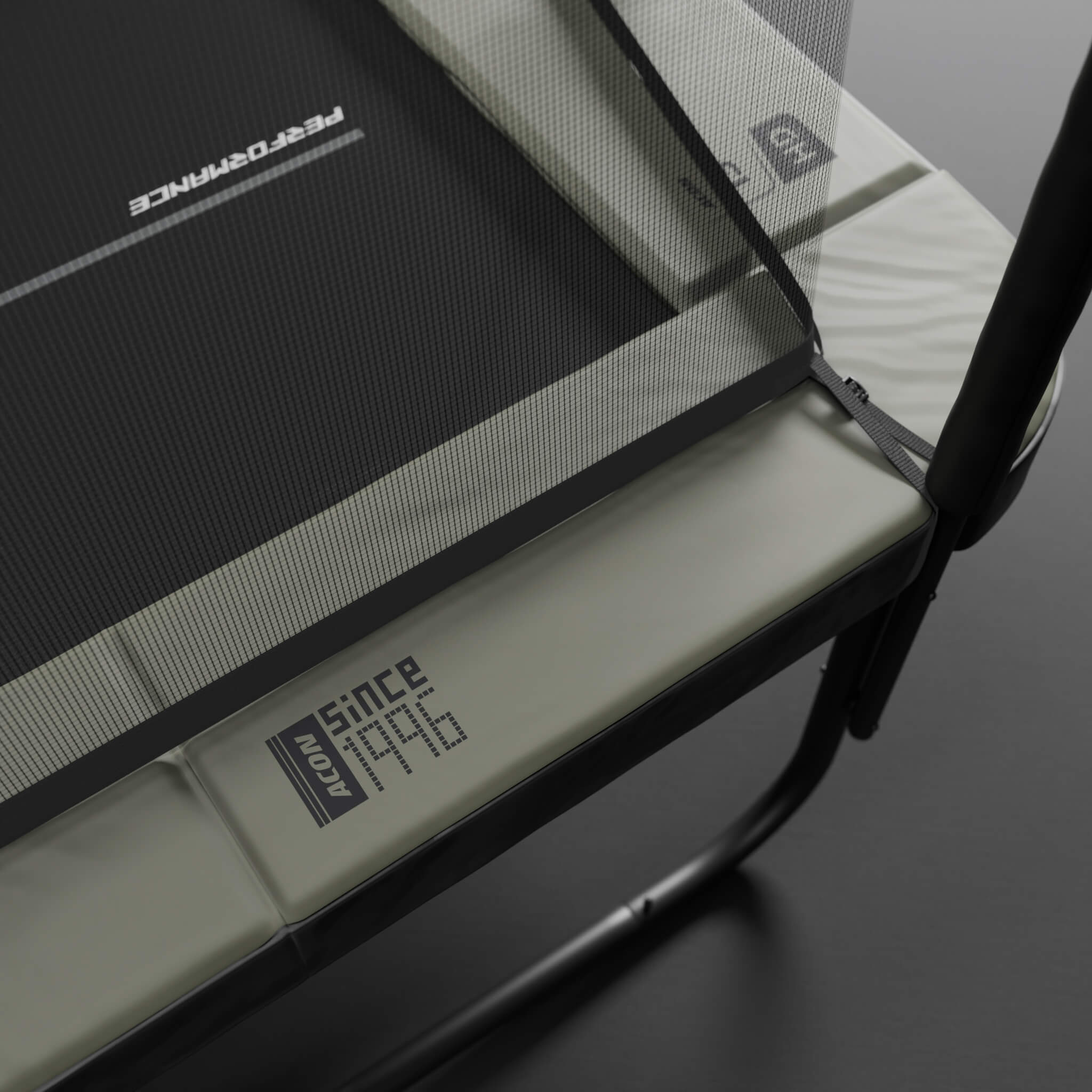 Corner section detail of the Acon 13 HD PRO trampoline padding system, showcasing the thick protective covering and precision construction quality.