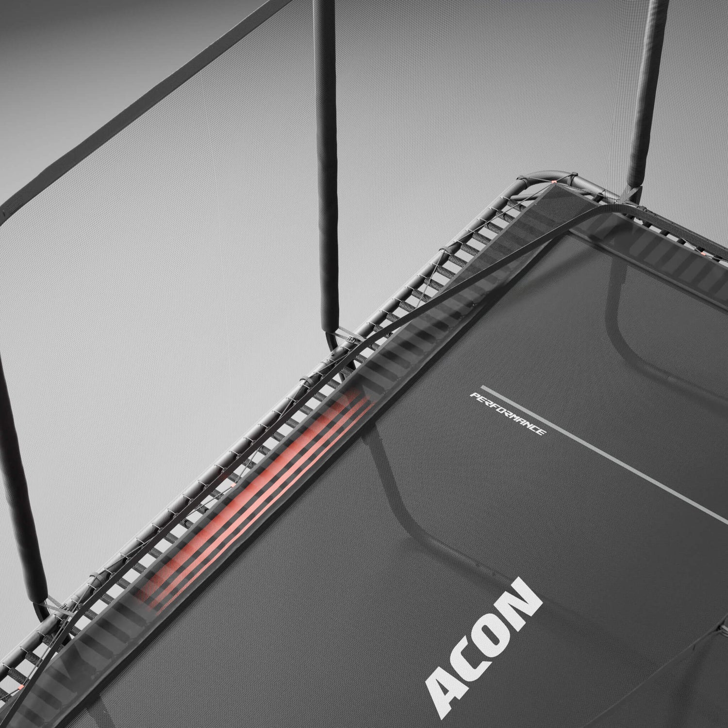 Technical detail photograph of the Performance mat and spring assembly on the Acon HD PRO trampoline, highlighting the precision engineering and build quality.