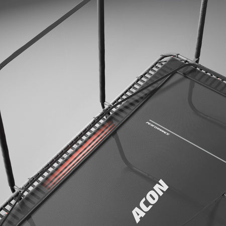 Technical detail photograph of the Performance mat and spring assembly on the Acon HD PRO trampoline, highlighting the precision engineering and build quality.
