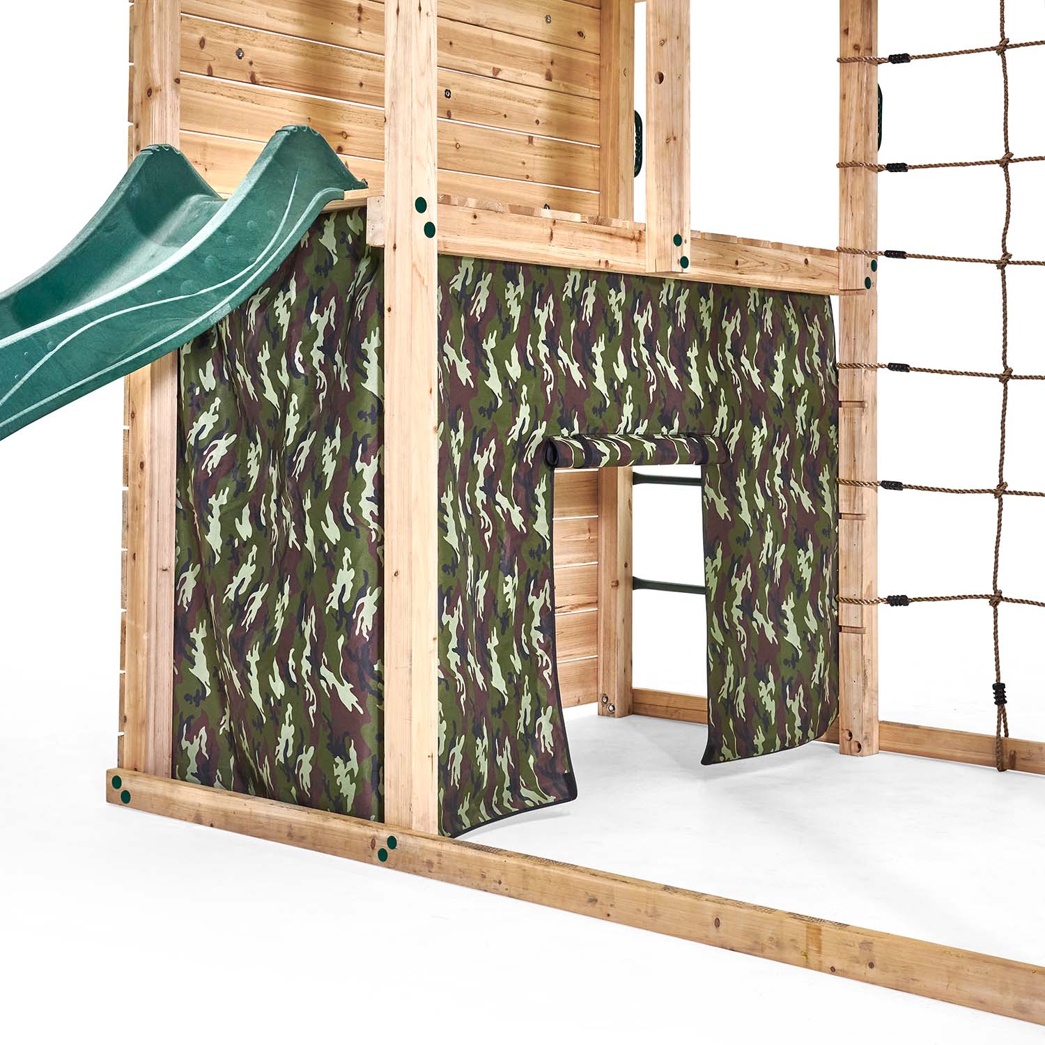 Large secret play den with camouflage fabric in Plum Play's Wooden Climbing Cube