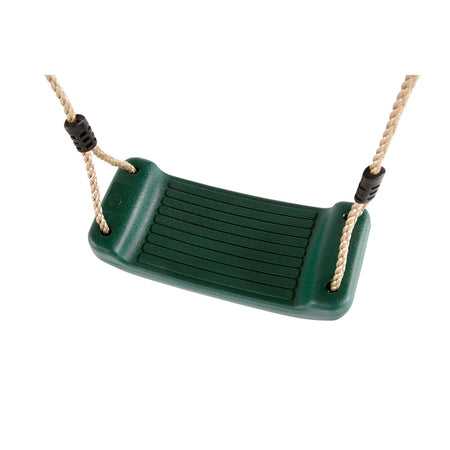 Green moulded seat of Plum Play's Gibbon Wooden Swing Set