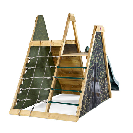 Back of Plum Play's Climbing Pyramid Wooden Climbing Frame with cargo net and ladder
