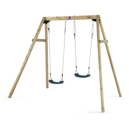 Plum Play's Wooden Double Swing Set with swings set to different heights