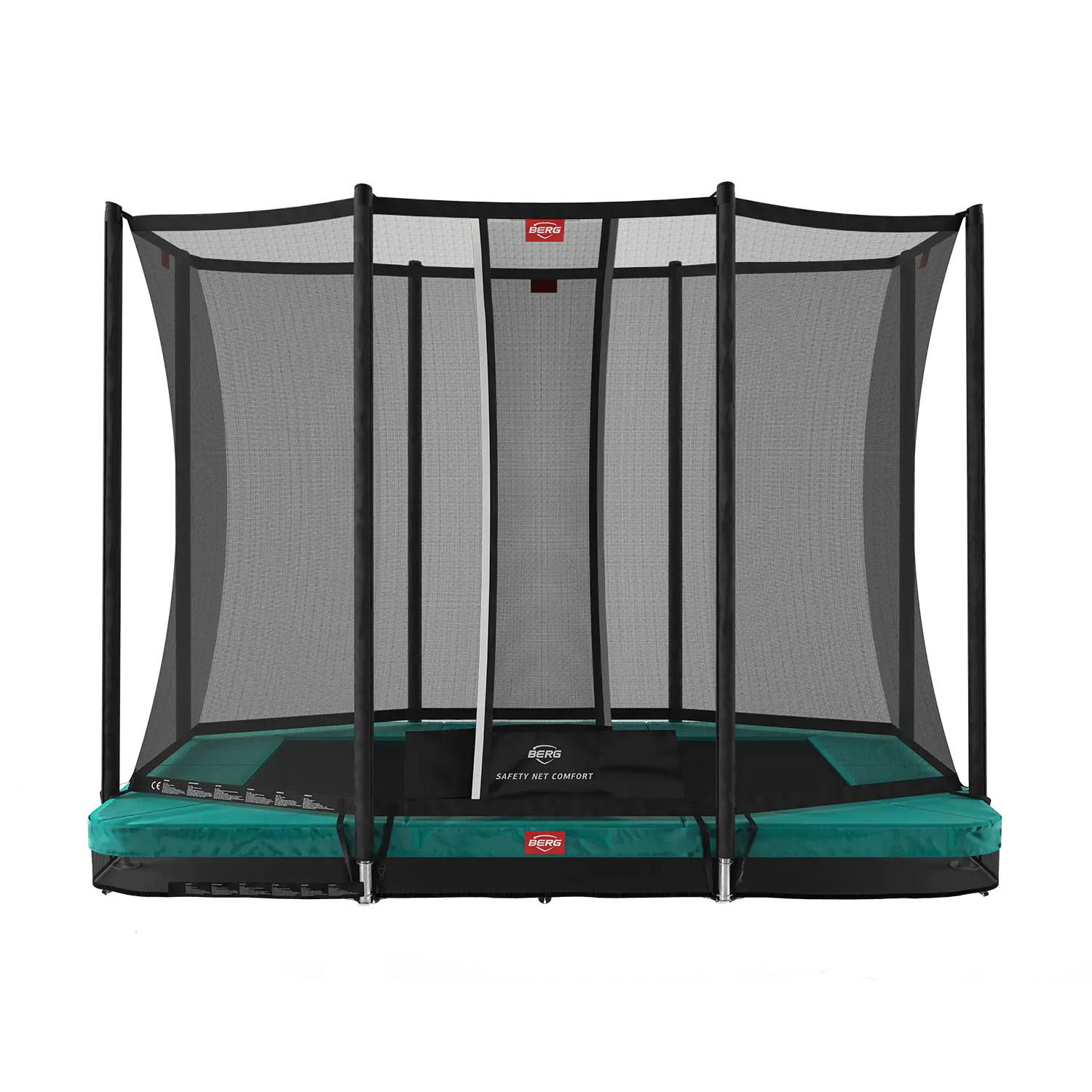280 x 190cm or 9.2 x 6.2ft BERG Ultim Favorit InGround Rectangular Trampoline with Safety Net Comfort in Green colour