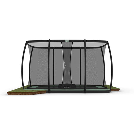 410 x 250cm or 13.5 x 8.2ft BERG Ultim Champion ECO FlatGround Rectangular Trampoline with Safety Net DLX XL in Green colour