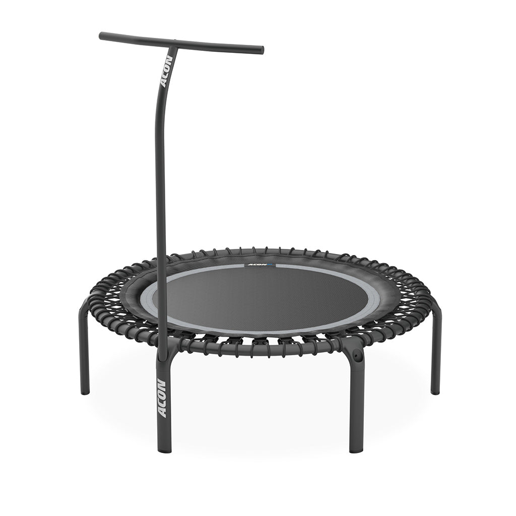 ACON FIT 1.12m Round Fitness Rebounder featuring integrated stability handlebar in premium Black finish, optimized for compact home gym cardio workouts.