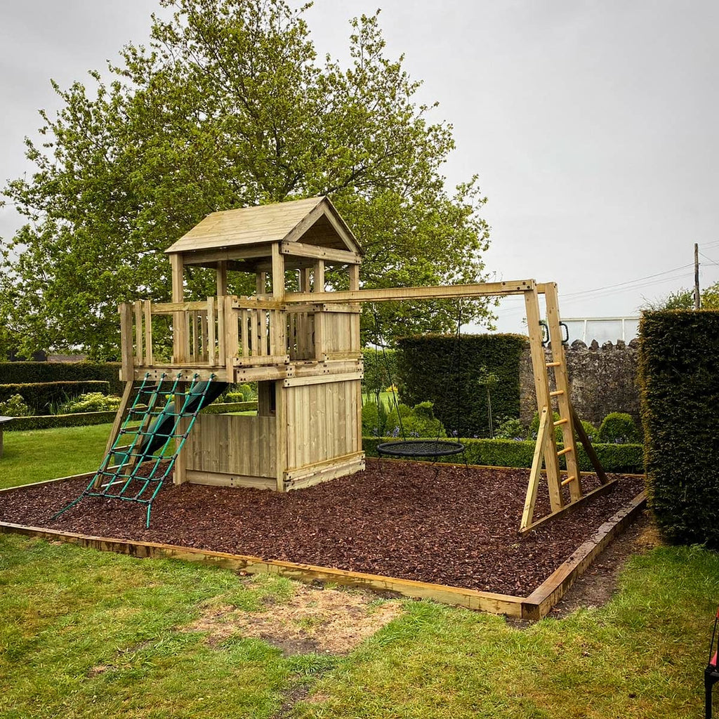 Discovery Timber Play Explorer Climbing Frame showing swing and two levels