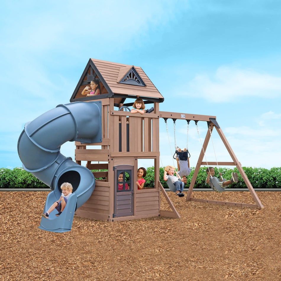 Maple Ridge Outdoor Wooden Climbing Frame with Tube Slide & Swings Playset