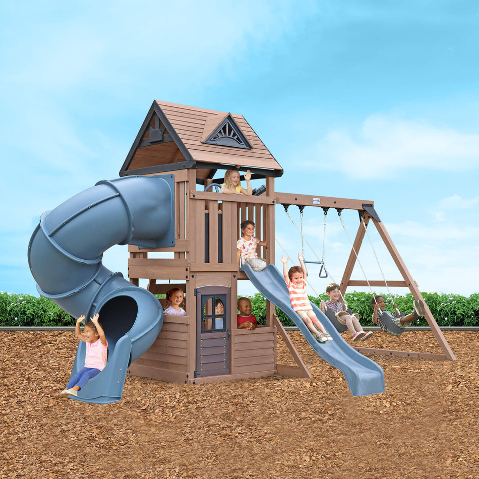 Mountain Peak Outdoor Climbing Frame with Swings, Trapeze & 2x Slides