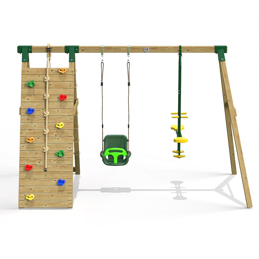 Little Rascals Wooden Double Swing set with Climbing Wall/Net, 3 in 1 Baby Seat & Glider