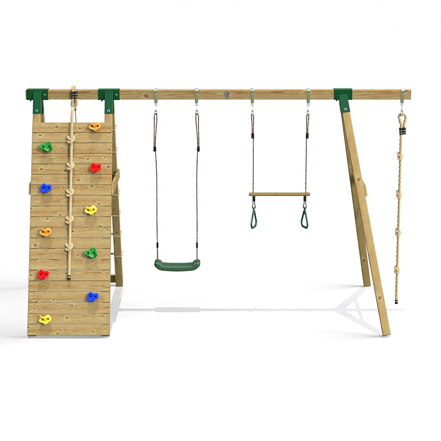 Little Rascals Wooden Double Swing Set with Climbing Wall/Net, Swing Seat, Trapeze Bar & Climbing Rope
