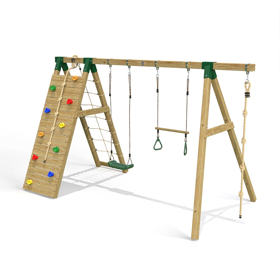 Little Rascals Wooden Double Swing Set with Climbing Wall/Net, Swing Seat, Trapeze Bar & Climbing Rope