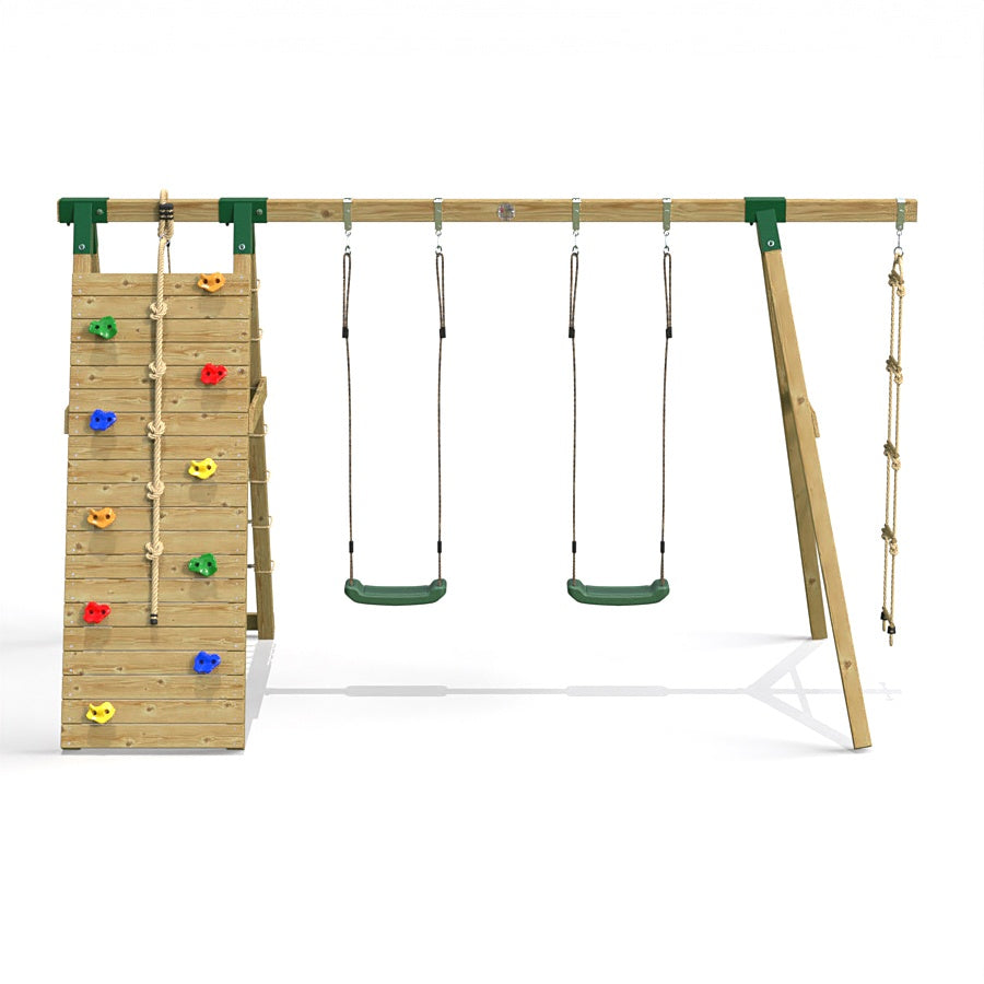Little Rascals Wooden Double Swing Set with Climbing Wall/Net, 2 Swing Seats & Rope Ladder