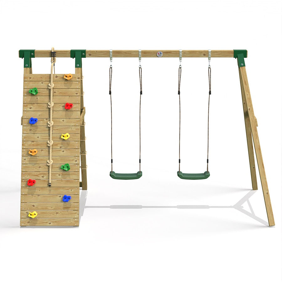 Little Rascals Wooden Double Swing Set with Climbing Wall/Net & 2 Swing Seats