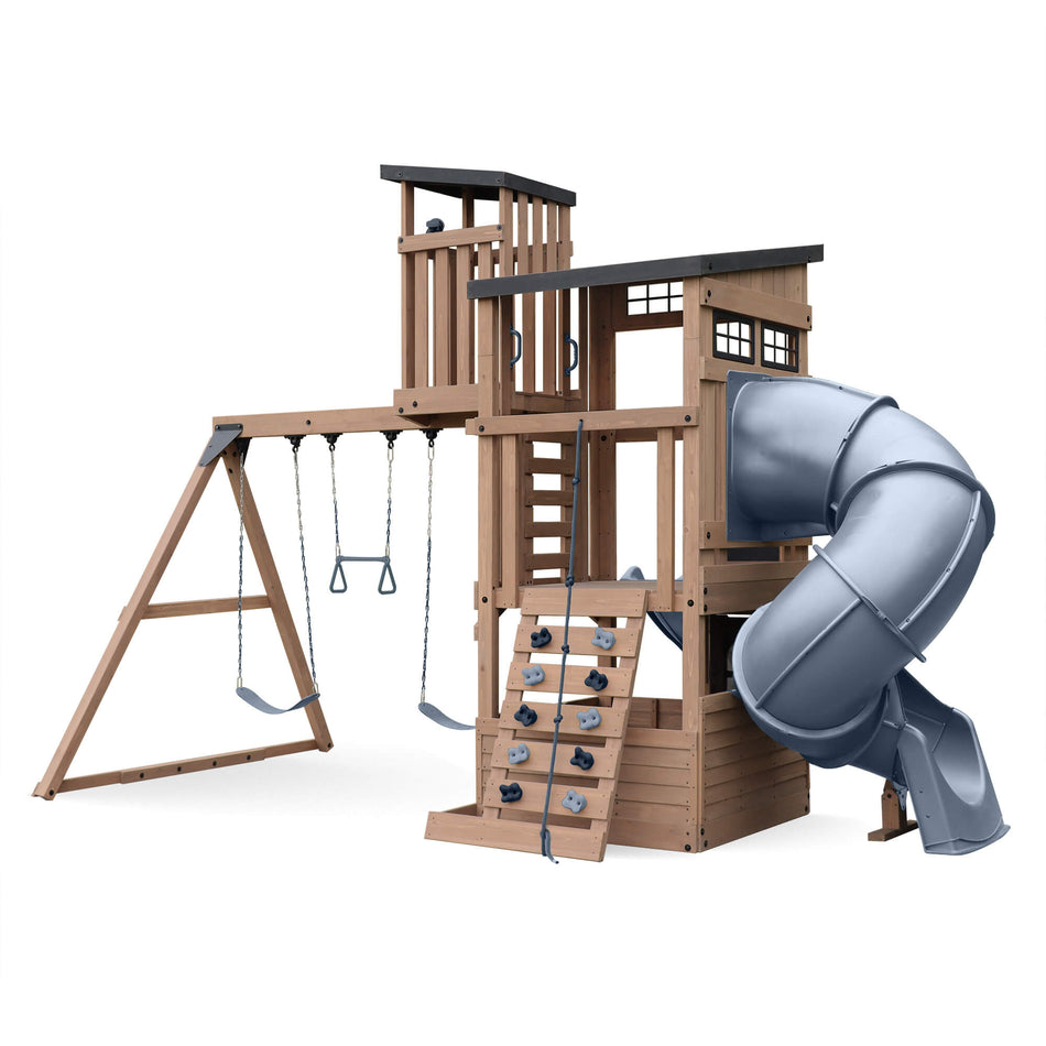 Skyline Wooden Climbing Frame with Lookout Tower, Swings, Trapeze plus Tube & Wave Slide