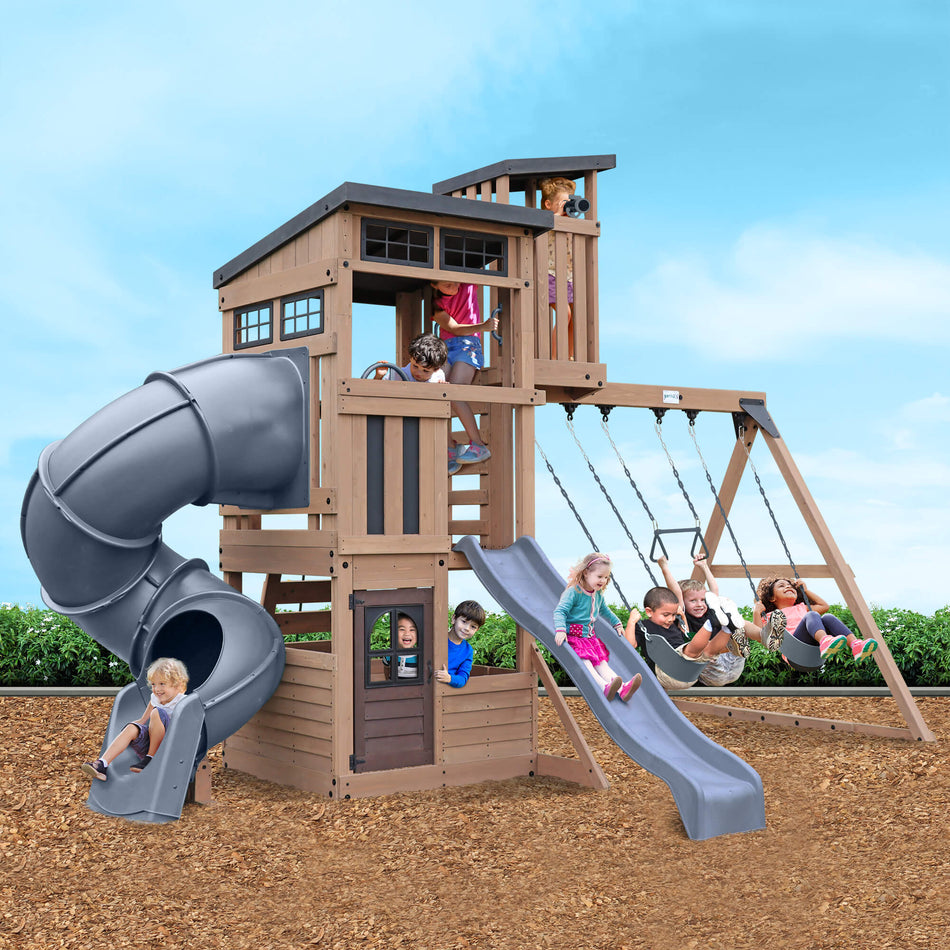 Skyline Wooden Climbing Frame with Lookout Tower, Swings, Trapeze plus Tube & Wave Slide