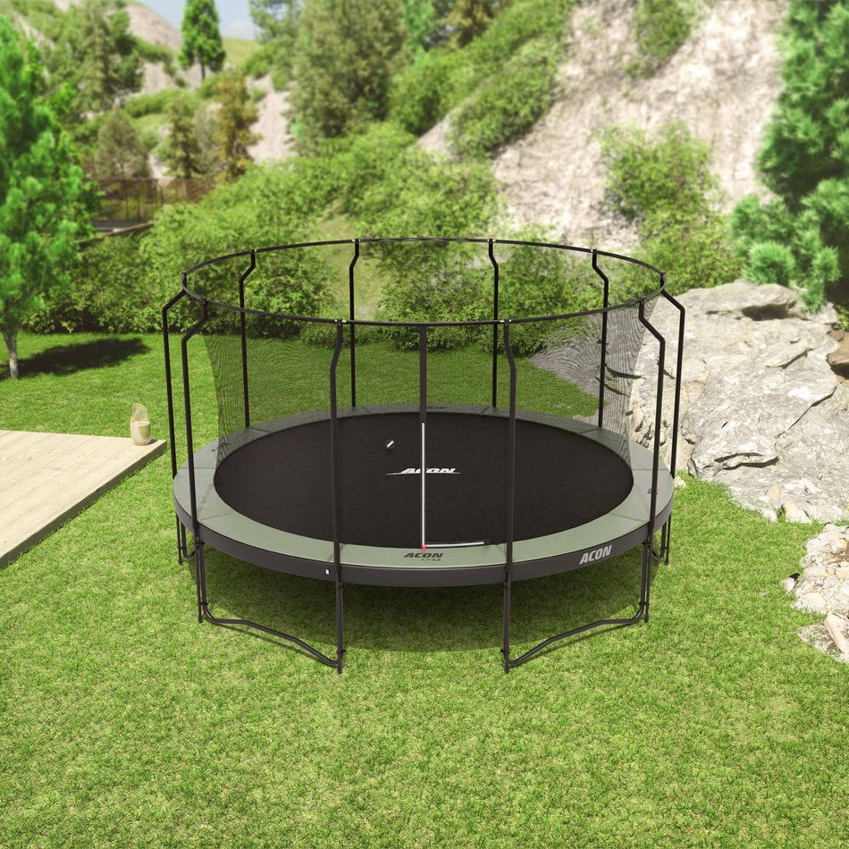 An ACON Air 15ft Trampoline with Premium Enclosure in the back garden in the UK.