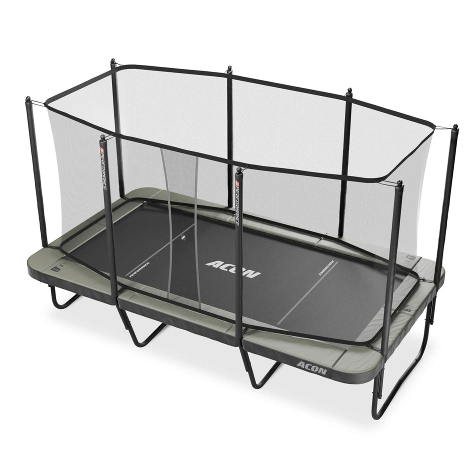 Professional-grade ACON 16 HD PRO Trampoline equipped with comprehensive safety net system, ladder access, and high-performance spring technology for serious bouncing enthusiasts.