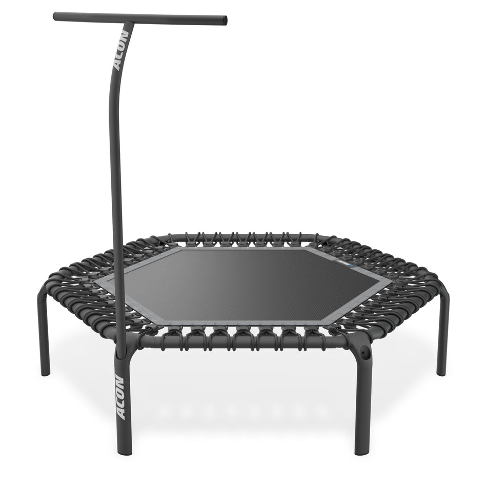 ACON FIT 1.41m Hexagon Fitness Rebounder in sleek Black finish with integrated stability handlebar, designed for indoor cardio and strength training workouts.