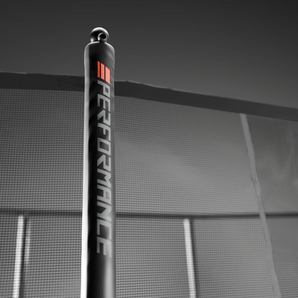 Detailed view of the Acon HD PRO trampoline's safety net pole sleeve construction, illustrating the protective padding and secure attachment system design.