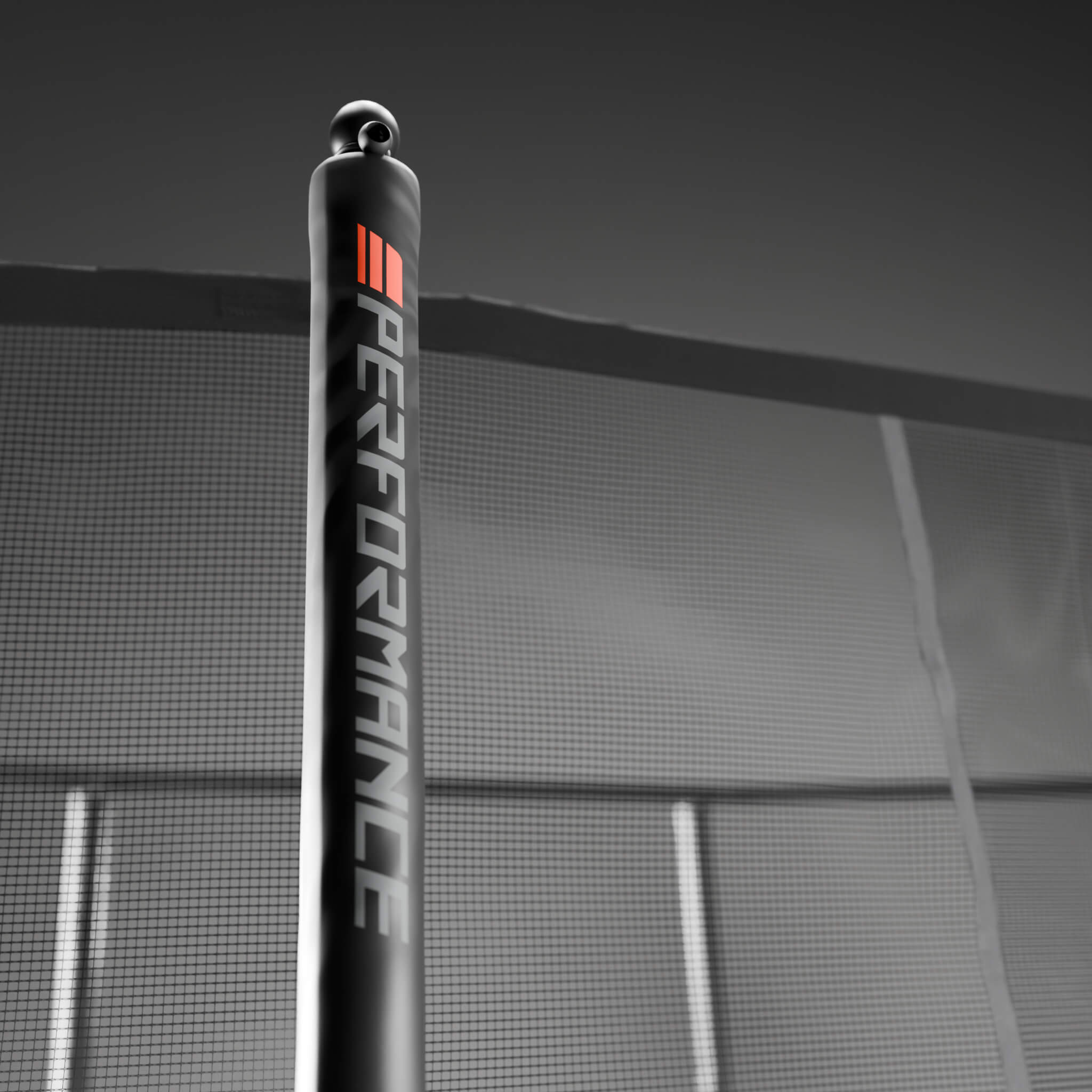 Detailed view of the Acon HD PRO trampoline's safety net pole sleeve construction, illustrating the protective padding and secure attachment system design.
