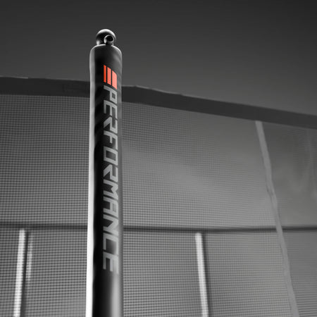 Detailed view of the Acon HD PRO trampoline's safety net pole sleeve construction, illustrating the protective padding and secure attachment system design.
