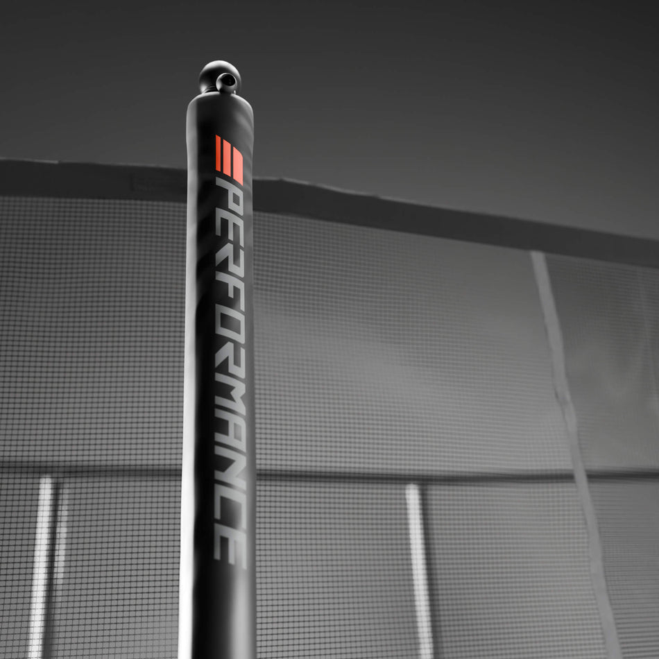 Detailed view of the Acon HD PRO trampoline's safety net pole sleeve construction, illustrating the protective padding and secure attachment system design.