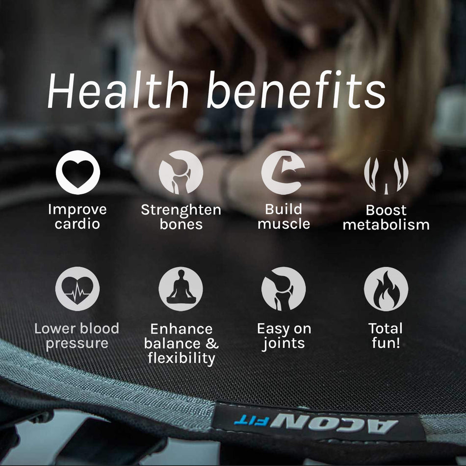 Comprehensive health benefits infographic for Acon FIT Rebounder showcasing cardiovascular improvement, bone strengthening, muscle toning, joint health, metabolic enhancement, balance training, and flexibility development.