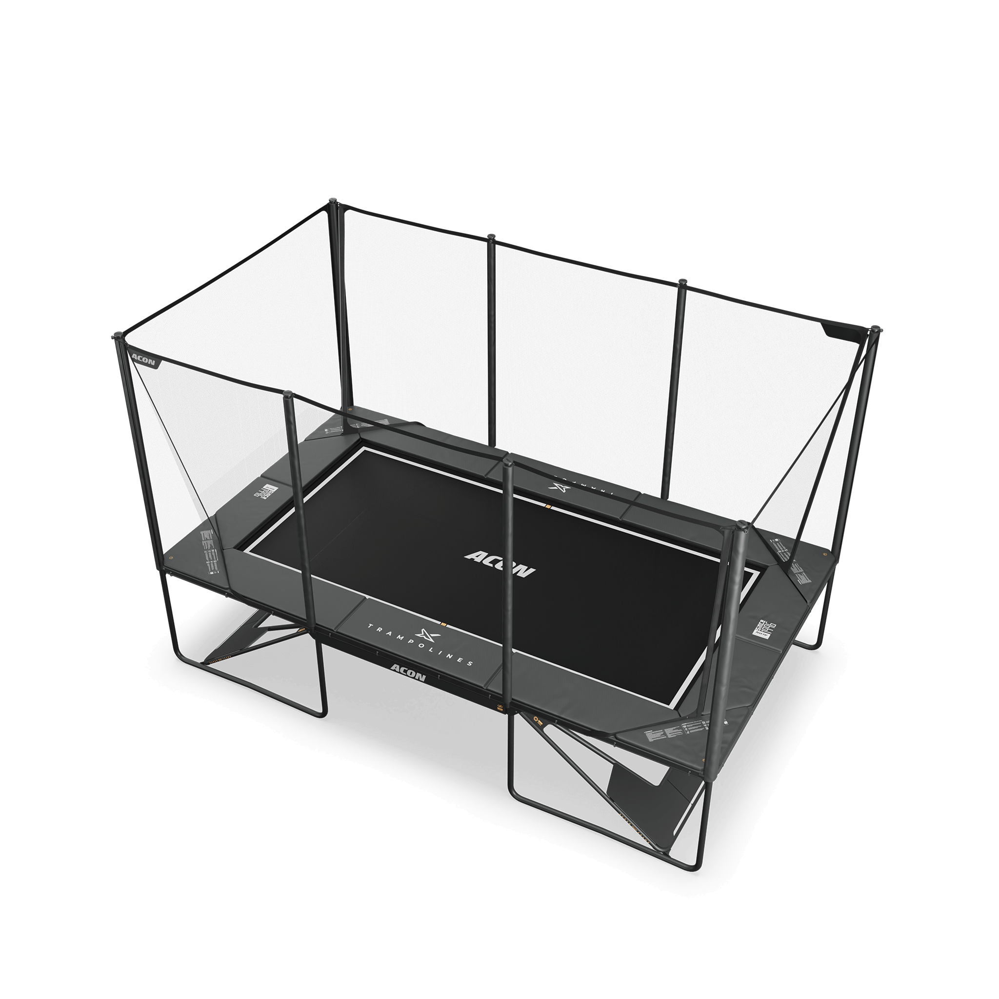 Detailed view of ACON X 17ft rectangular trampoline in classic black colorway, highlighting construction quality and safety features in clear product documentation.