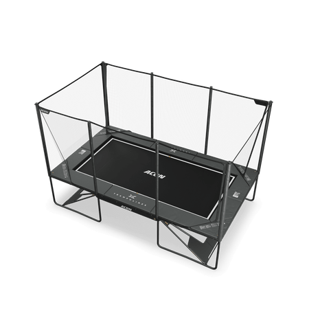 Detailed view of ACON X 17ft rectangular trampoline in classic black colorway, highlighting construction quality and safety features in clear product documentation.